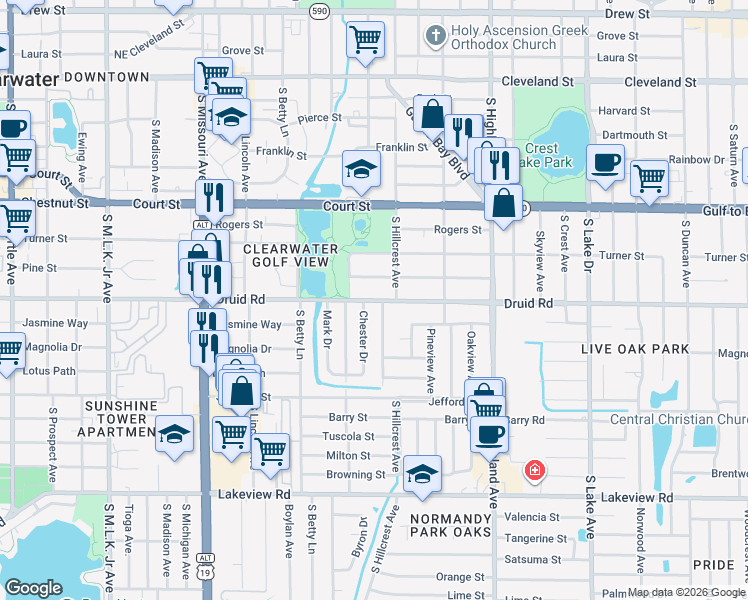 map of restaurants, bars, coffee shops, grocery stores, and more near 803 Chester Drive in Clearwater