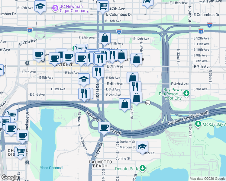 map of restaurants, bars, coffee shops, grocery stores, and more near 2211 East 3rd Avenue in Tampa