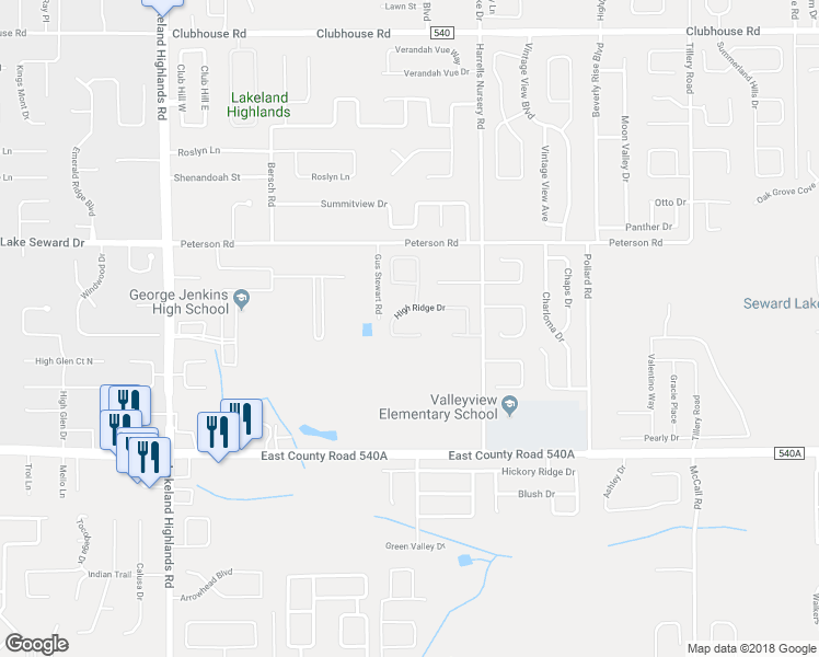 map of restaurants, bars, coffee shops, grocery stores, and more near 2629 High Ridge Drive in Lakeland