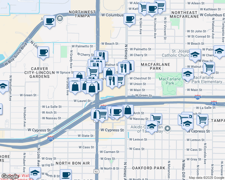 map of restaurants, bars, coffee shops, grocery stores, and more near 1505 North Dale Mabry Highway in Tampa