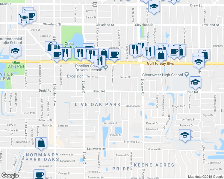 map of restaurants, bars, coffee shops, grocery stores, and more near 1676 Druid Road in Clearwater