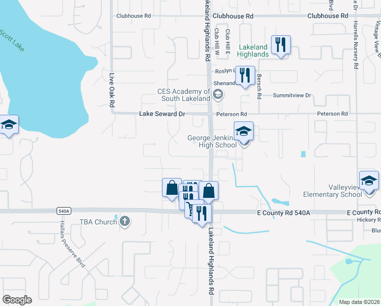map of restaurants, bars, coffee shops, grocery stores, and more near 5938 Windwood Drive in Lakeland