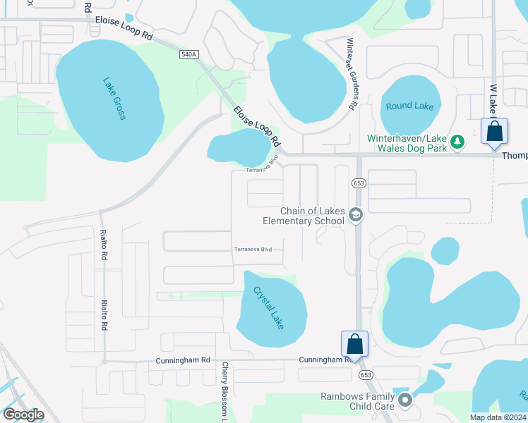 map of restaurants, bars, coffee shops, grocery stores, and more near 545 Terranova Circle in Winter Haven