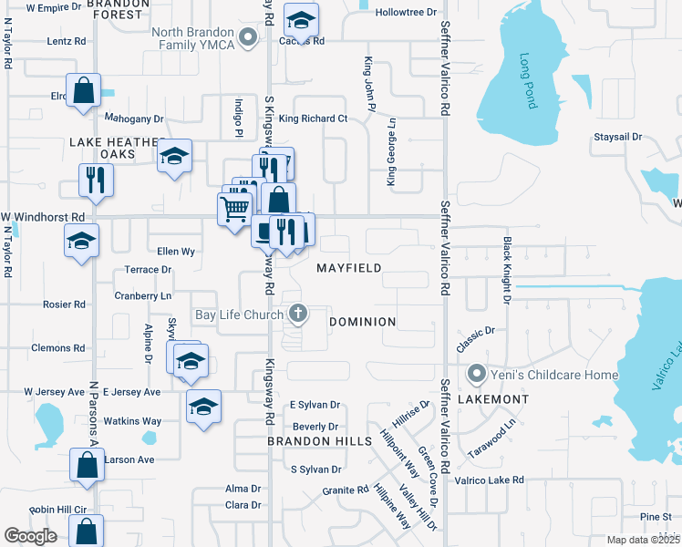 map of restaurants, bars, coffee shops, grocery stores, and more near 611 Chilt Drive in Brandon