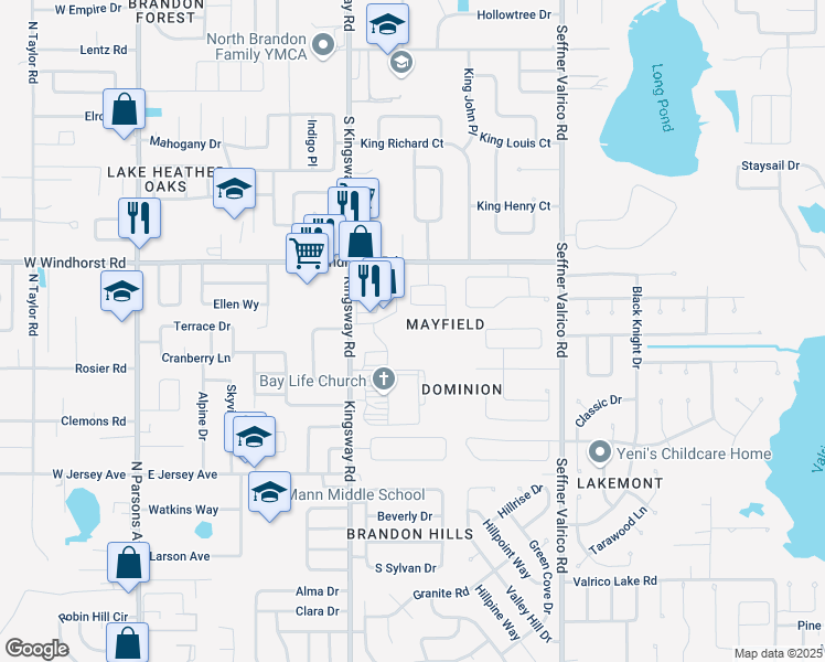 map of restaurants, bars, coffee shops, grocery stores, and more near 603 Chilt Drive in Brandon