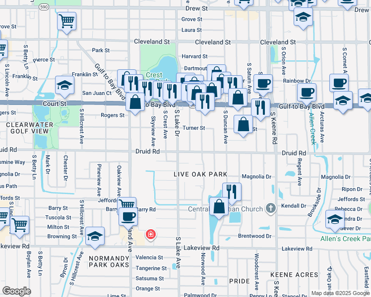 map of restaurants, bars, coffee shops, grocery stores, and more near 1623 Druid Road in Clearwater
