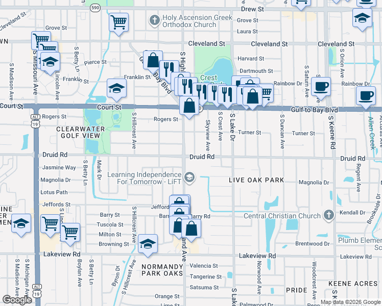 map of restaurants, bars, coffee shops, grocery stores, and more near 712 South Glenwood Avenue in Clearwater