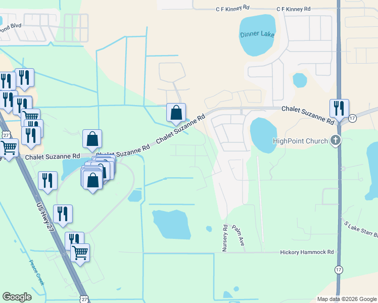 map of restaurants, bars, coffee shops, grocery stores, and more near 845 Kris Kros Lane in Lake Wales