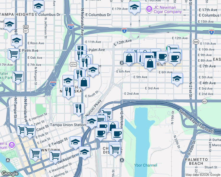 map of restaurants, bars, coffee shops, grocery stores, and more near Nick Nuccio Parkway in Tampa