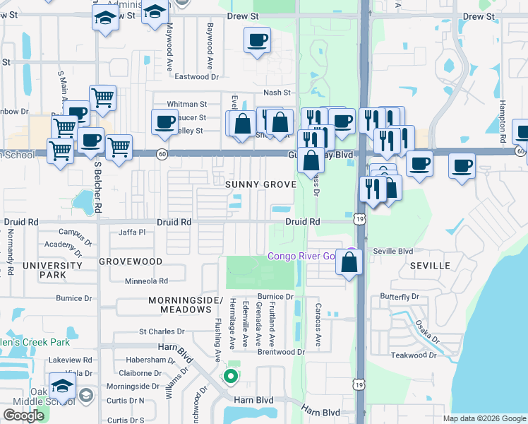 map of restaurants, bars, coffee shops, grocery stores, and more near 2452 Druid Road in Clearwater