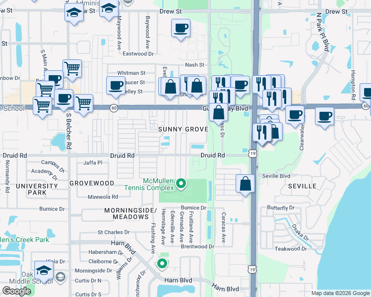 map of restaurants, bars, coffee shops, grocery stores, and more near 2452 Druid Road in Clearwater