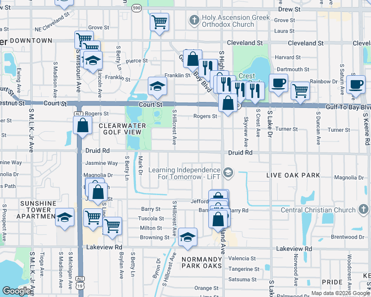 map of restaurants, bars, coffee shops, grocery stores, and more near 1407 Druid Road in Clearwater