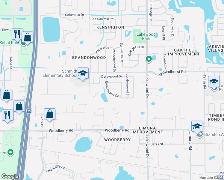 map of restaurants, bars, coffee shops, grocery stores, and more near 1909 Shannonwood Court in Brandon