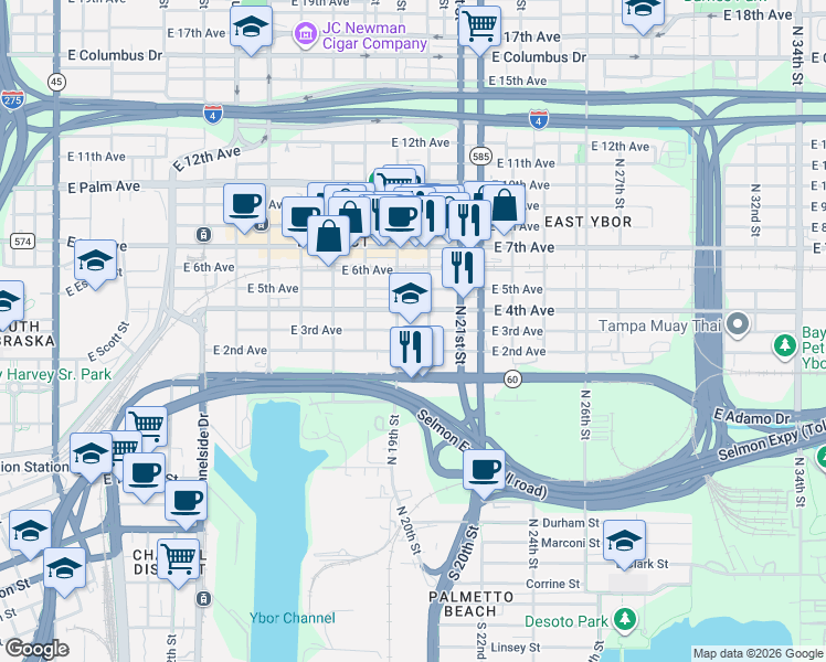 map of restaurants, bars, coffee shops, grocery stores, and more near 1910 East 2nd Avenue in Tampa