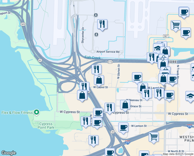map of restaurants, bars, coffee shops, grocery stores, and more near 3505 Interstate 275 Frontage Road East in Tampa