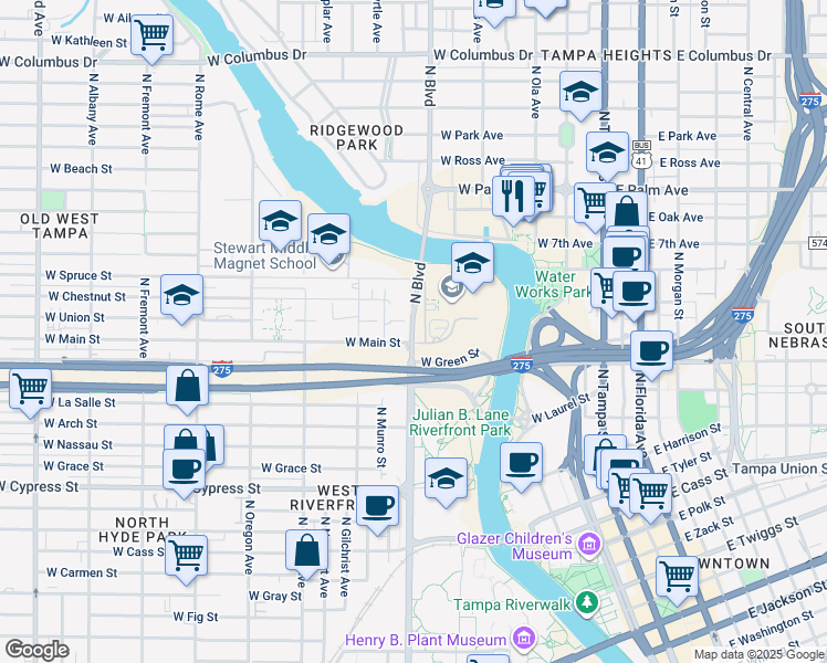 map of restaurants, bars, coffee shops, grocery stores, and more near 909 West Main Street in Tampa