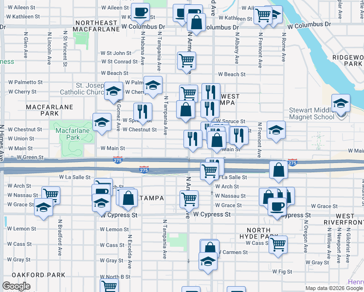 map of restaurants, bars, coffee shops, grocery stores, and more near 2502 West Main Street in Tampa