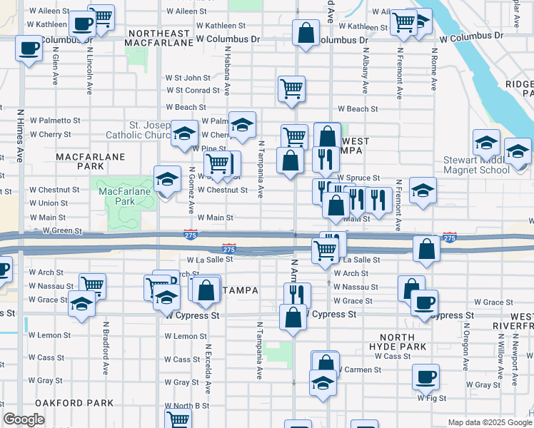 map of restaurants, bars, coffee shops, grocery stores, and more near 2534 West Main Street in Tampa