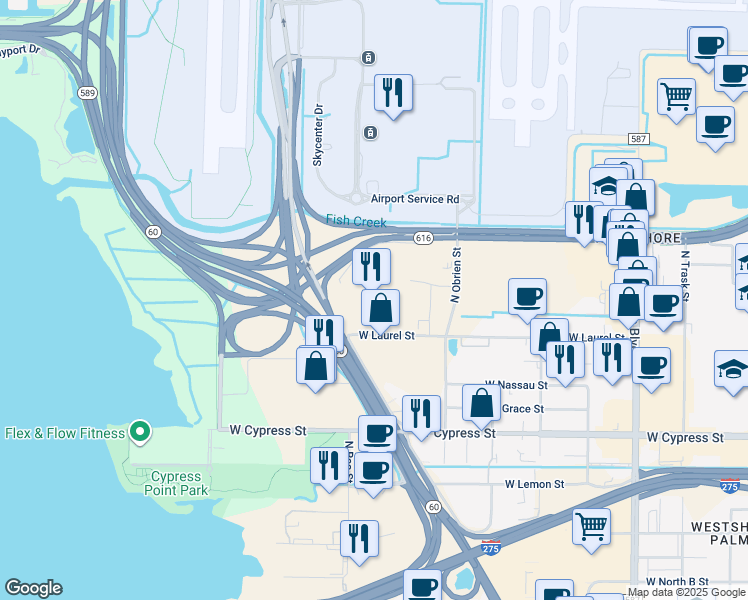 map of restaurants, bars, coffee shops, grocery stores, and more near 3507 East Frontage Road in Tampa