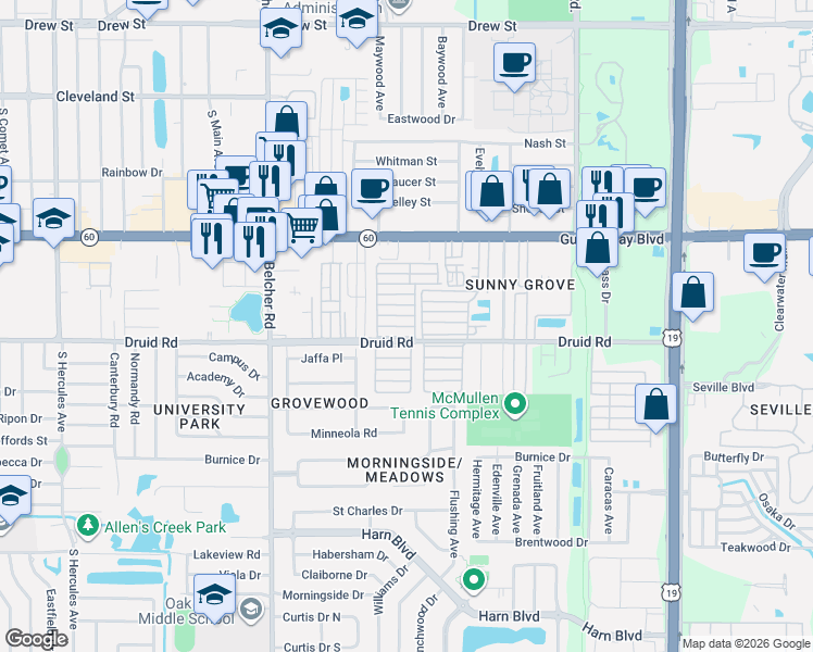 map of restaurants, bars, coffee shops, grocery stores, and more near 3rd Street in Clearwater