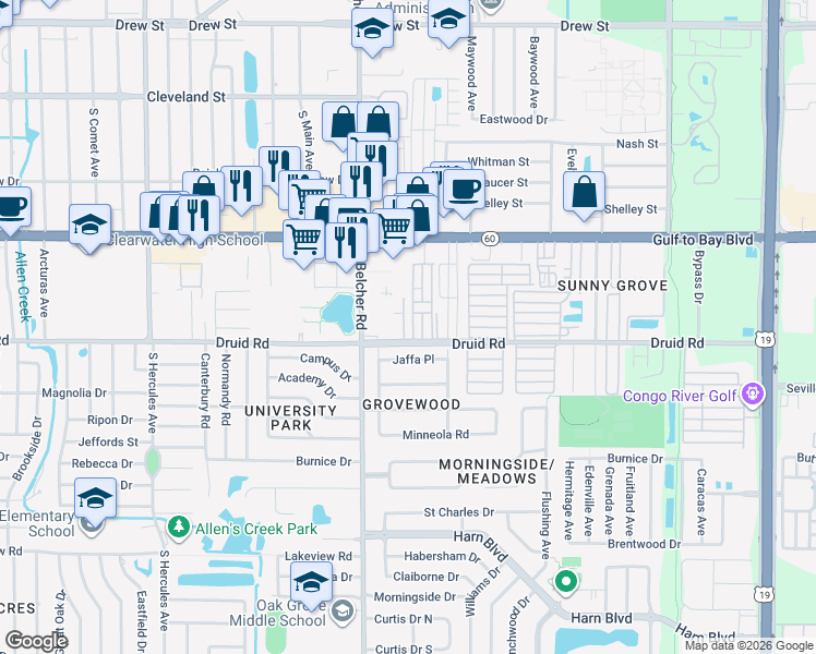 map of restaurants, bars, coffee shops, grocery stores, and more near 2250 Druid Road in Clearwater
