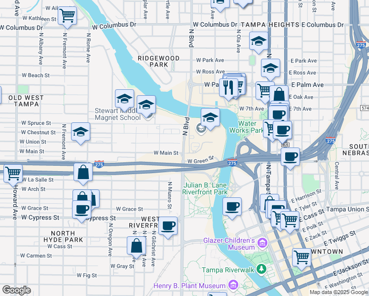 map of restaurants, bars, coffee shops, grocery stores, and more near 1701 North Boulevard in Tampa