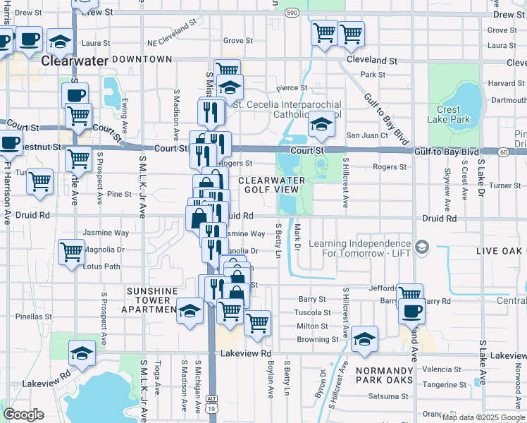 map of restaurants, bars, coffee shops, grocery stores, and more near 1280 Druid Road in Clearwater