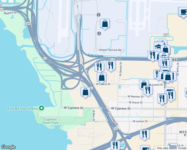 map of restaurants, bars, coffee shops, grocery stores, and more near 3505 Interstate 275 Frontage Road East in Tampa