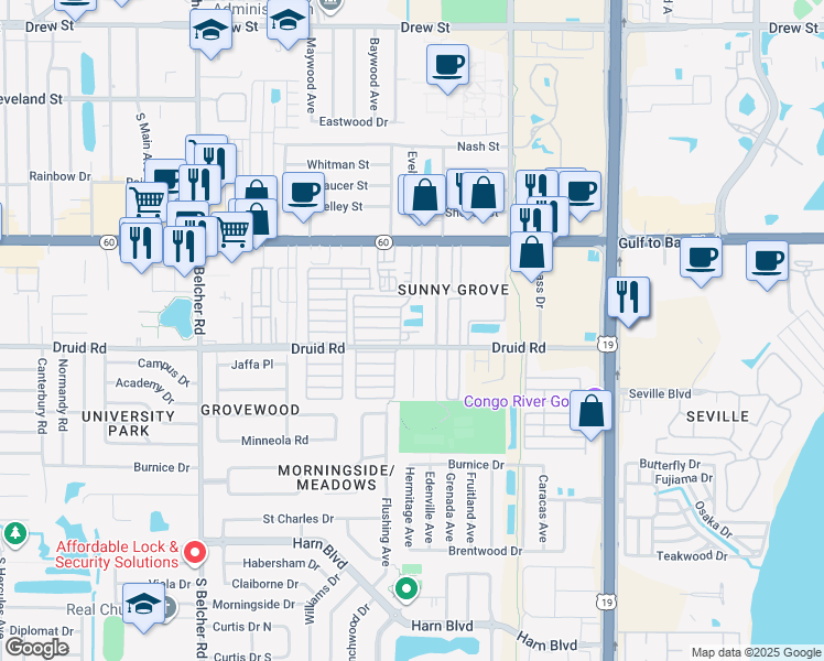 map of restaurants, bars, coffee shops, grocery stores, and more near 2419 Gulf to Bay Boulevard in Clearwater