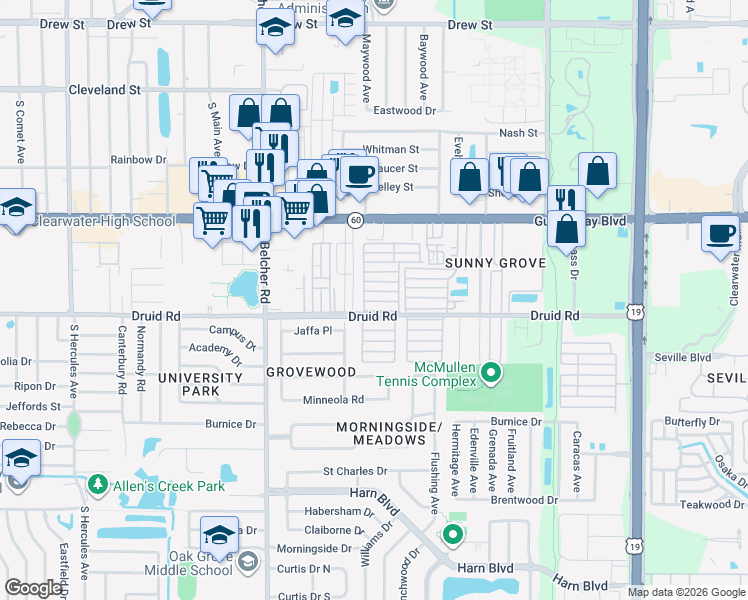 map of restaurants, bars, coffee shops, grocery stores, and more near 1106 11th Street in Clearwater