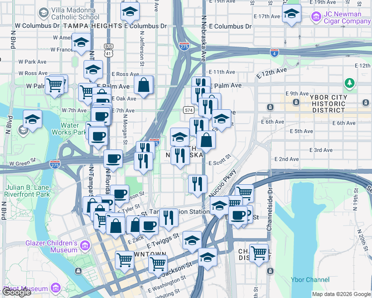 map of restaurants, bars, coffee shops, grocery stores, and more near 1218 East Kay Street in Tampa