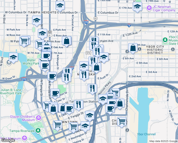 map of restaurants, bars, coffee shops, grocery stores, and more near in Tampa