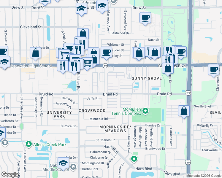 map of restaurants, bars, coffee shops, grocery stores, and more near 1106 11th Street in Clearwater