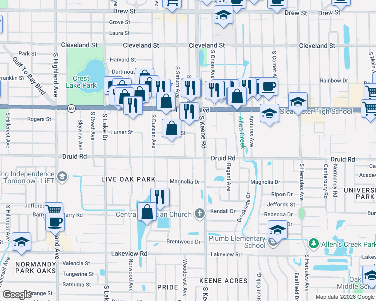 map of restaurants, bars, coffee shops, grocery stores, and more near 715 Phoenix Avenue in Clearwater