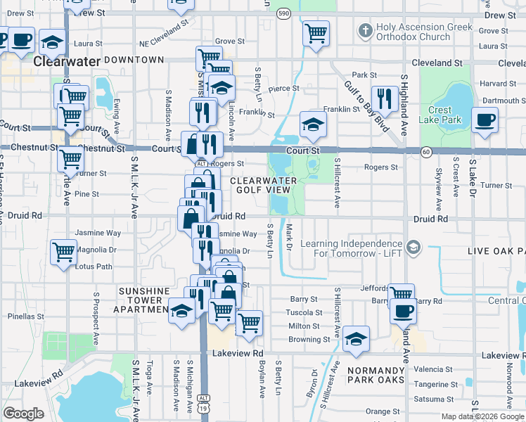 map of restaurants, bars, coffee shops, grocery stores, and more near in Clearwater