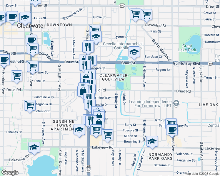 map of restaurants, bars, coffee shops, grocery stores, and more near 1259 Druid Road in Clearwater