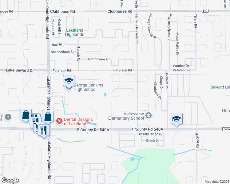 map of restaurants, bars, coffee shops, grocery stores, and more near 2675 High Ridge Drive in Lakeland