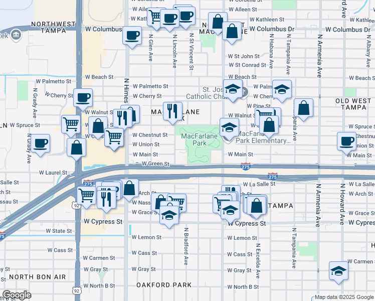 map of restaurants, bars, coffee shops, grocery stores, and more near West Main Street in Tampa