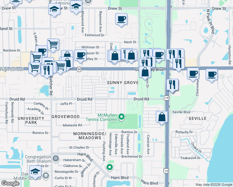 map of restaurants, bars, coffee shops, grocery stores, and more near 720 Edenville Avenue in Clearwater