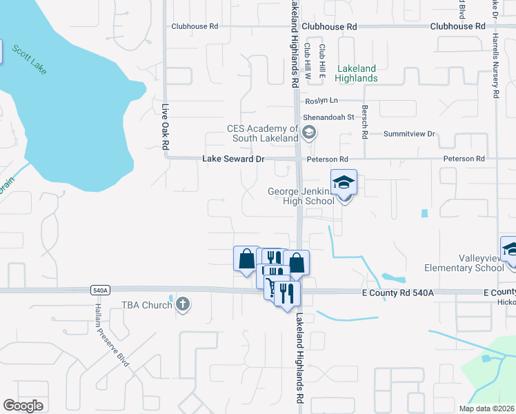 map of restaurants, bars, coffee shops, grocery stores, and more near 5938 Windwood Drive in Lakeland