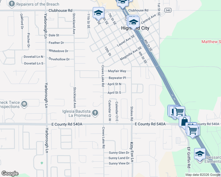 map of restaurants, bars, coffee shops, grocery stores, and more near 4109 April Street South in Lakeland
