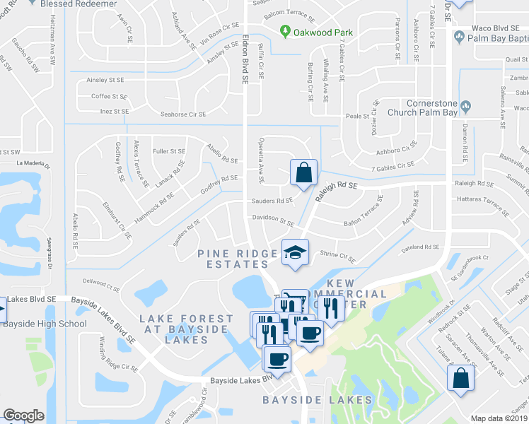 map of restaurants, bars, coffee shops, grocery stores, and more near 427 Davidson Street Southeast in Palm Bay