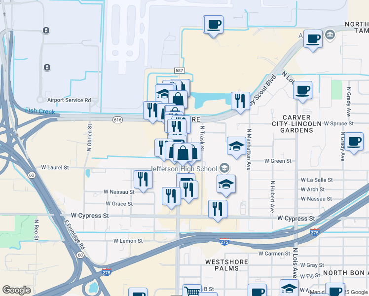 map of restaurants, bars, coffee shops, grocery stores, and more near 1715 North Westshore Boulevard in Tampa