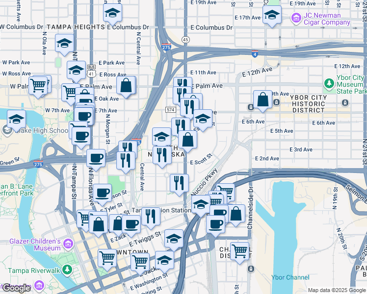 map of restaurants, bars, coffee shops, grocery stores, and more near in Tampa