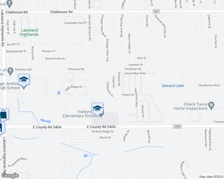 map of restaurants, bars, coffee shops, grocery stores, and more near 5951 Chaps Drive in Lakeland