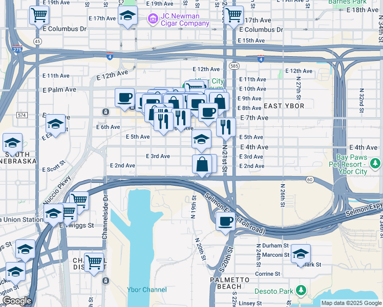 map of restaurants, bars, coffee shops, grocery stores, and more near 1302 North 19th Street in Tampa