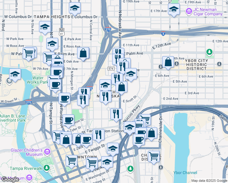 map of restaurants, bars, coffee shops, grocery stores, and more near in Tampa