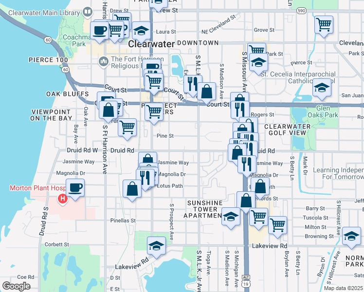 map of restaurants, bars, coffee shops, grocery stores, and more near 1007 Druid Road in Clearwater