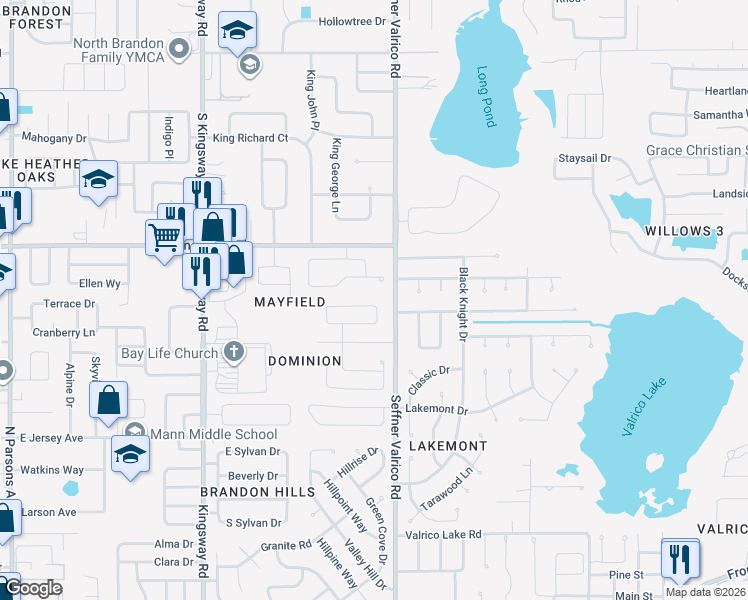 map of restaurants, bars, coffee shops, grocery stores, and more near 918 Sandywood Drive in Brandon