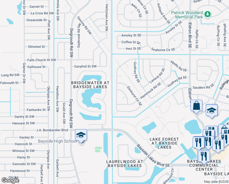 map of restaurants, bars, coffee shops, grocery stores, and more near 143 Abello Road Southeast in Palm Bay